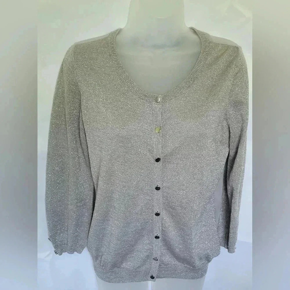 The Limited Sweaters - VTG Y2K 1990s Limited Silver Metallic/Gray Button Up Cardigan Sheer Back Sz Med.